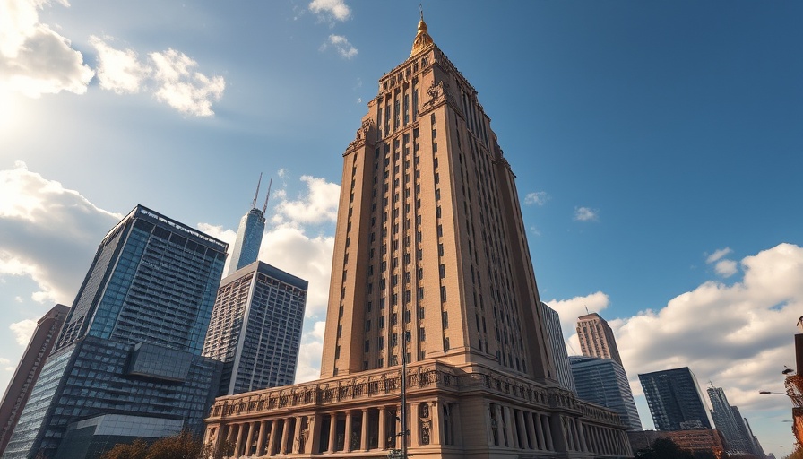 Oklahoma government building in sunlight with cityscape.