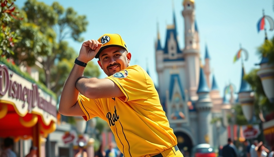 Savannah Bananas player posing at Disneyland castle entrance.