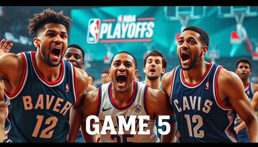 Excited NBA players in vibrant Game 5 playoffs graphic, NBA playoffs.