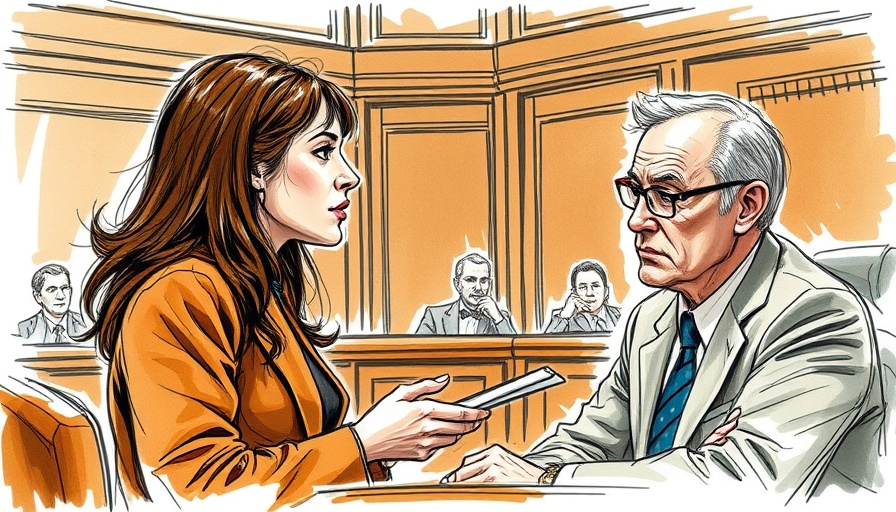 Courtroom sketch of woman testifying, man listening closely.
