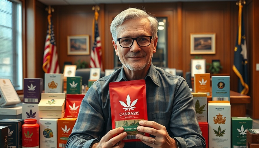 Middle-aged man in office with cannabis products, discussing THC-linked schizophrenia.