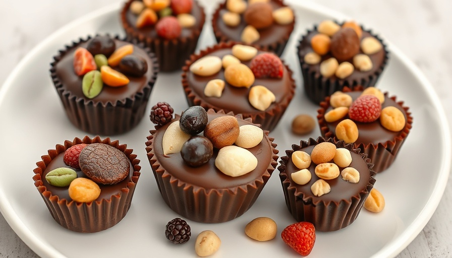 Healthy chocolate cups topped with nuts and fruits on a white plate.