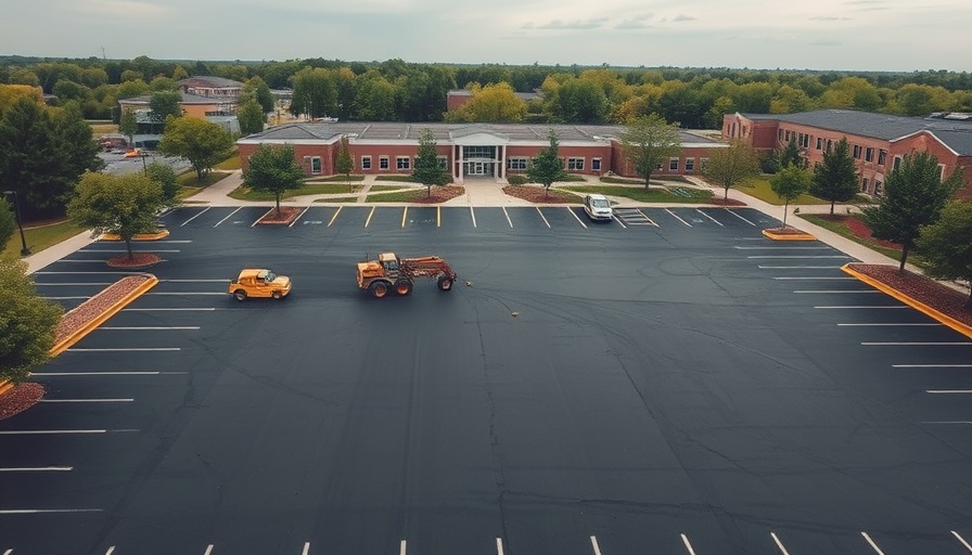 Plano ISD parking lot repairs in progress with equipment and workers.