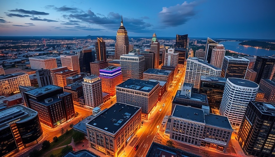 Frisco cityscape at dusk with vibrant city lights.