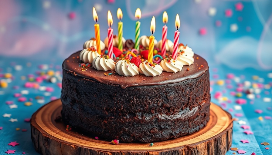 Festive chocolate cake with candles on colorful background.