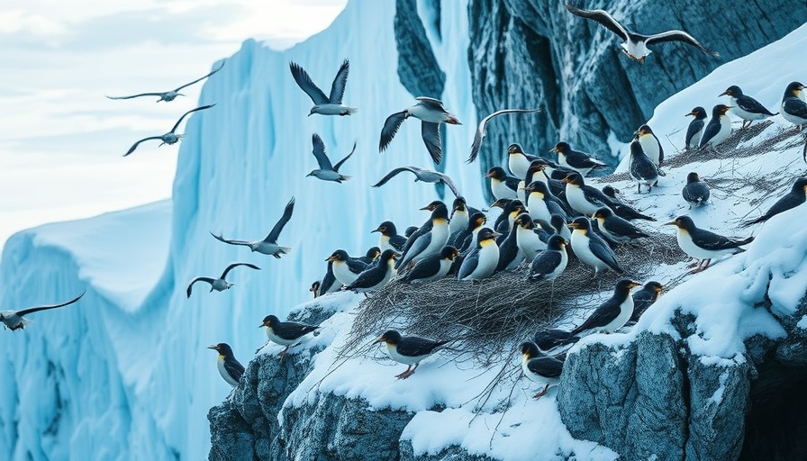 Arctic birds nesting on snowy cliffs in remote wilderness.