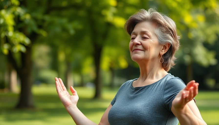 Midlife woman practicing yoga outdoors for health benefits.