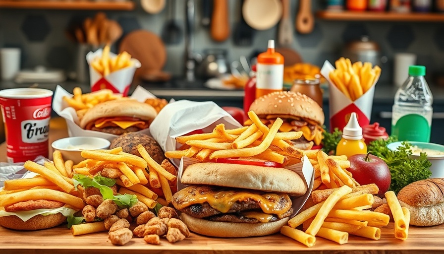 Assorted fast food items highlighting high-fat diet metabolic dysfunction.
