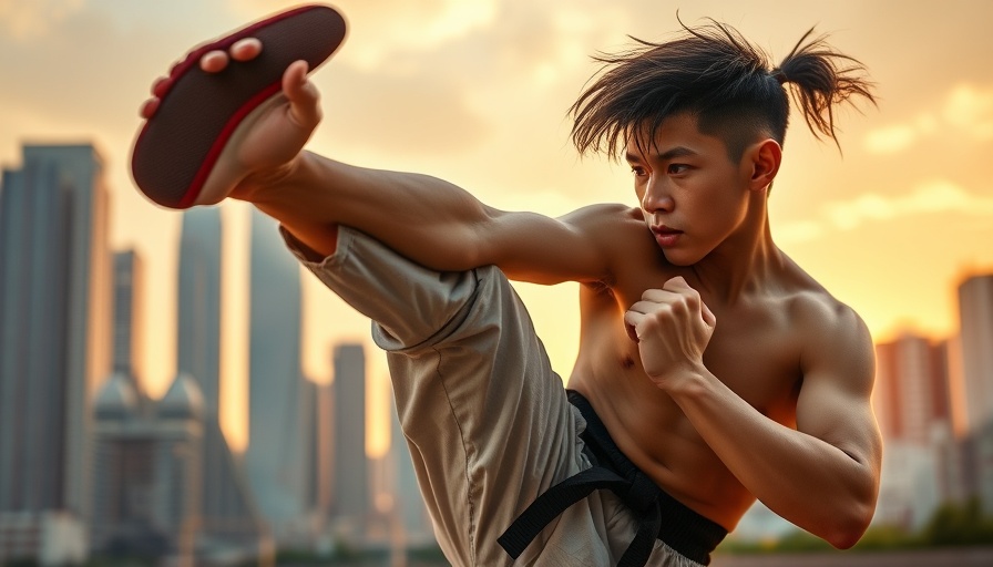 Martial artist performing high kick with cityscape background, Karate Kid: Legends Review.