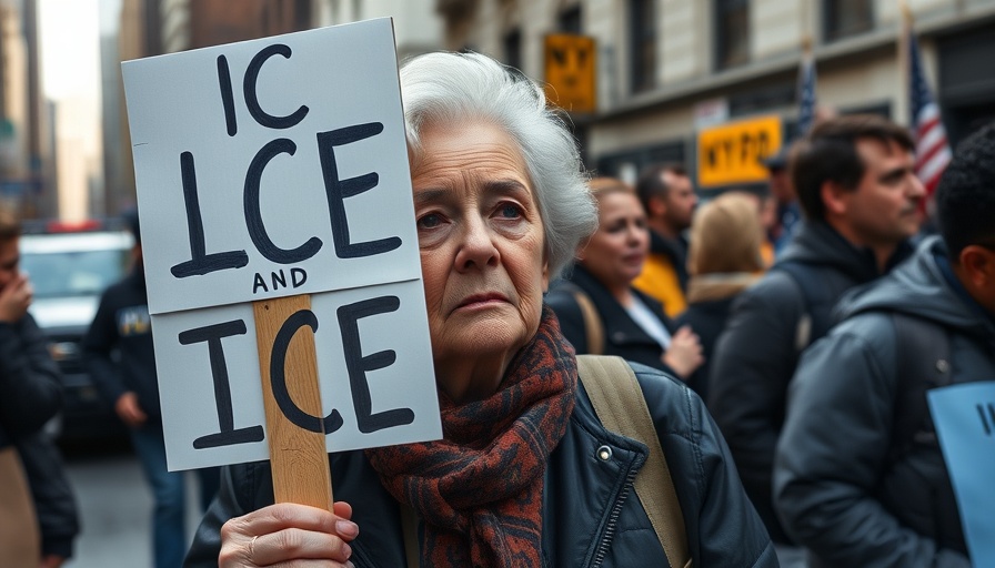 Protester holding sign against ICE enforcement next to NYPD vehicle.