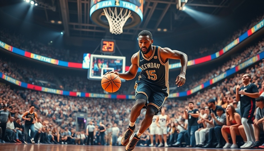 NBA player dribbling in action at a vibrant basketball game.