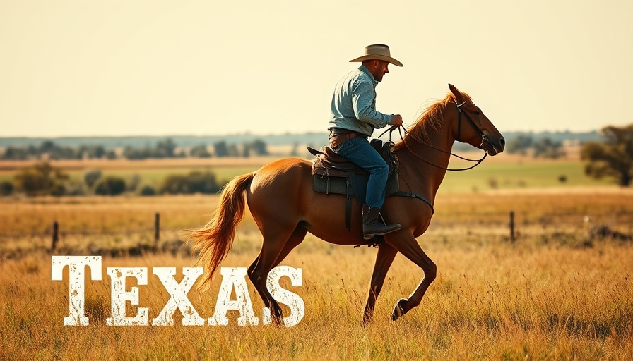 Cinematic scene of cowboy riding in Texas field with bold text overlay.