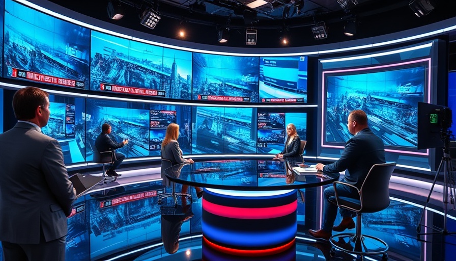 Newsroom anchors discussing latest US news updates in vibrant studio.