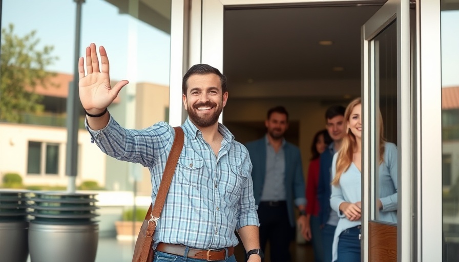 Todd Chrisley waving at building entrance in a casual setting.