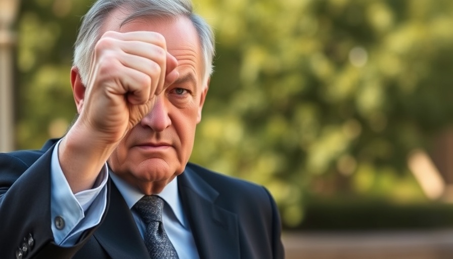 Former president with serious expression, raising fist, outdoors.