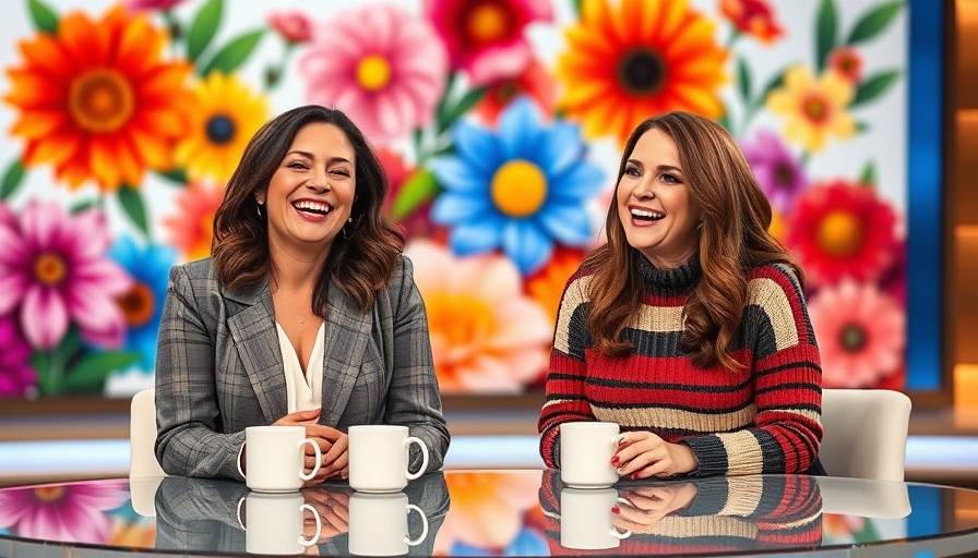 Two women smiling on a TV set with colorful background, Real Women Have Curves Broadway discussion.