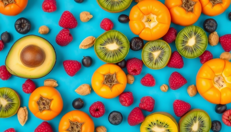 Vibrant high-fiber fruits assortment including avocado, persimmons, and berries