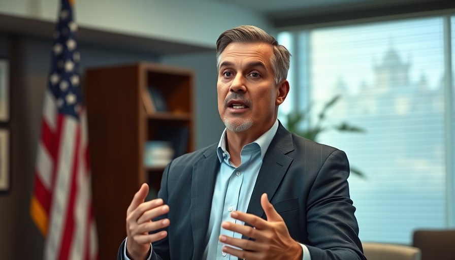 Confident man speaking in office about trade war impact on small businesses.