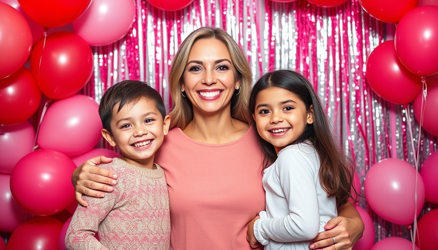 Single mother and children at festive party amid balloons.