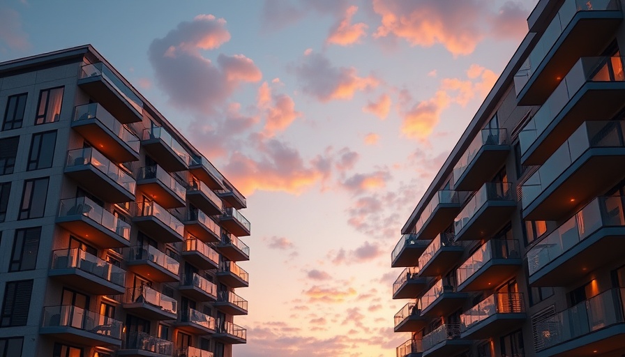 Modern San Antonio apartment building at sunset.