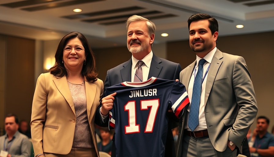 People on stage holding a jersey at a structured event, warm lighting.