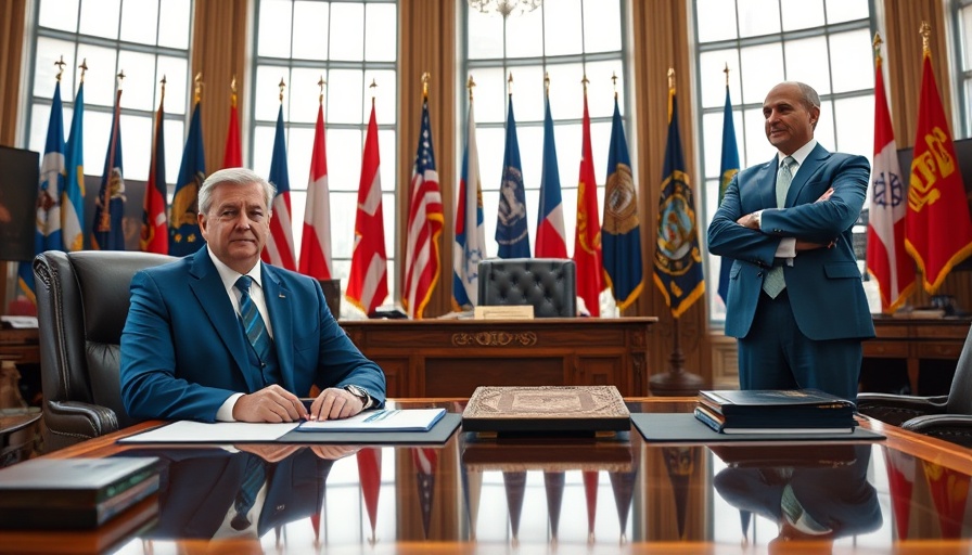 Official meeting in office with flags and large windows.