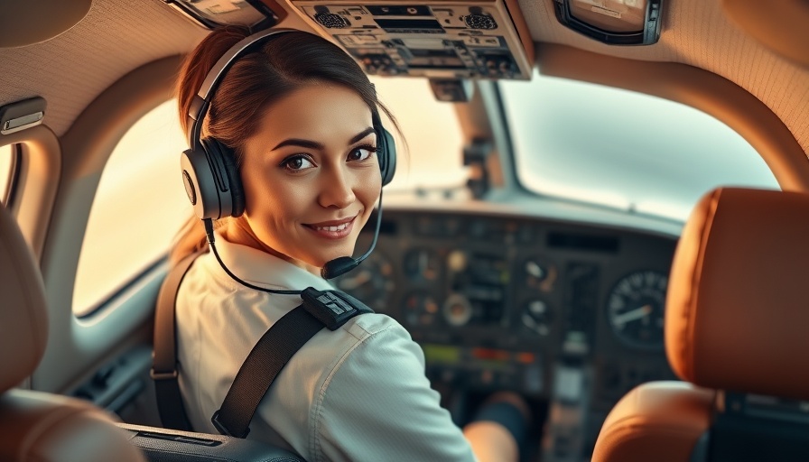 Confident female pilot in cockpit, Trump-inspired style.
