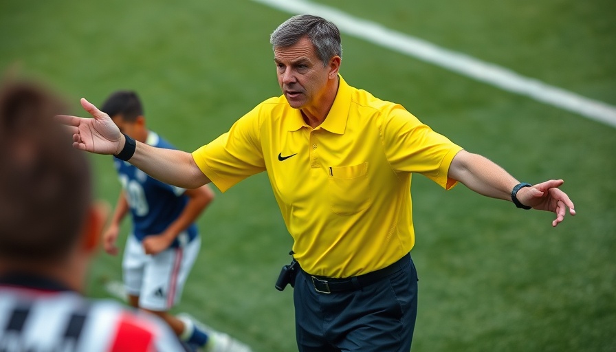 Middle-aged referee wearing a yellow uniform gestures during a game on a sports field.