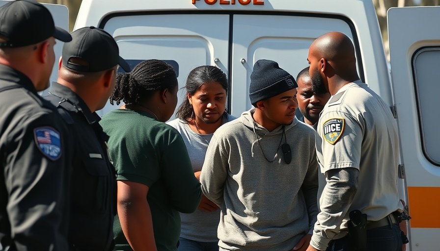 Apprehension scene involving custody transfer, ICE officers handling detainees.