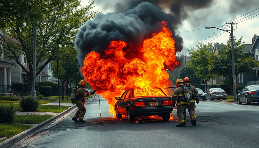 Firefighters battling a car fire on a street, Northeast Houston shooting incident captured in dramatic scene.