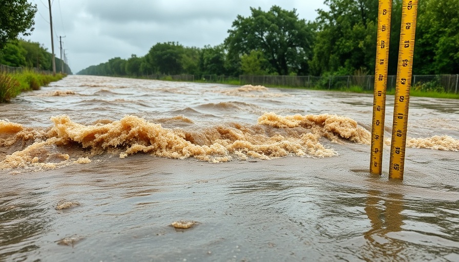 San Antonio flood with measuring stick indicating water depth.