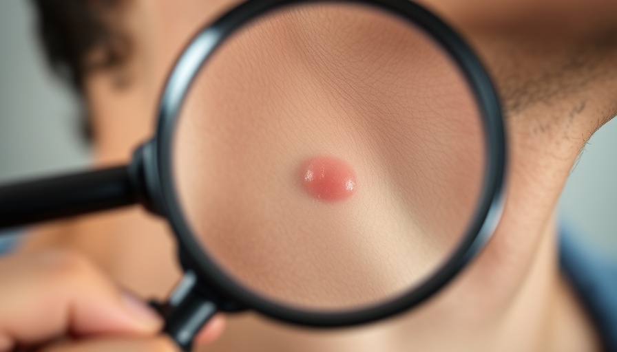 Close-up of a mole on neck through magnifying glass, skin cancer screening.