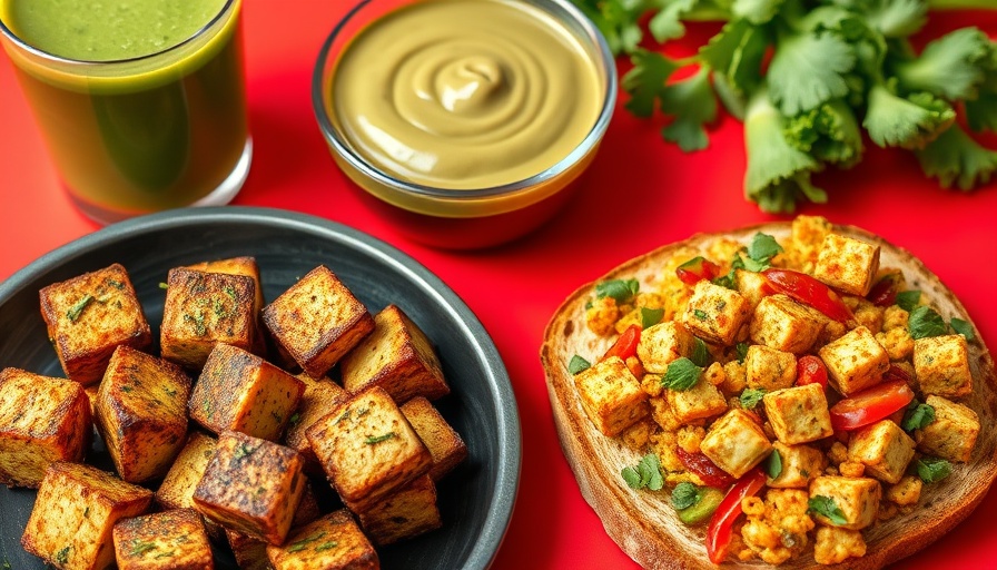 Colorful high-protein tofu meals with smoothie and dip.