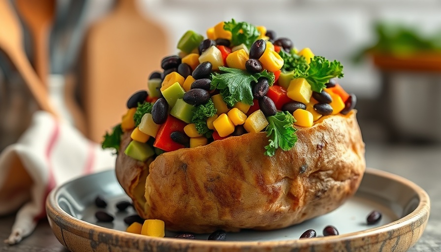 Colorful plant-based diet meal with vegetables on baked potato.