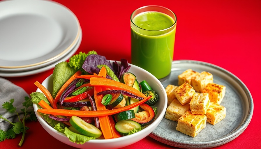 High-protein tofu meals with veggies and smoothie on red background.
