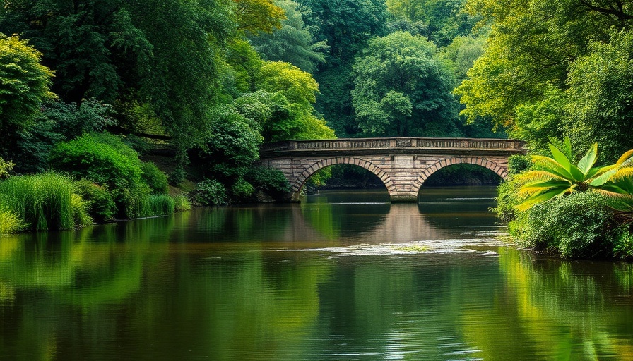 Scenic San Antonio river with lush trees and bridge.