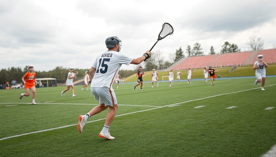 Lacrosse game action with behind-the-back goal shot.