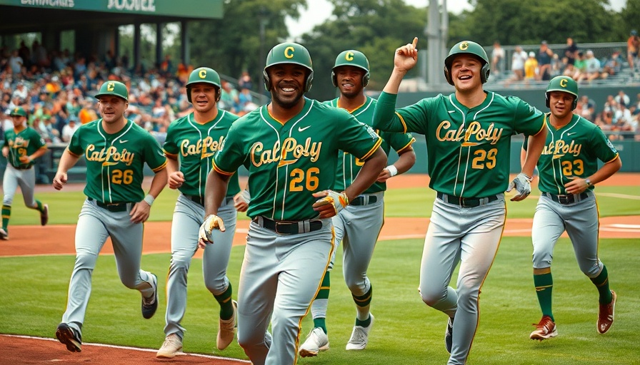 Cal Poly baseball team celebrating victory on the field.