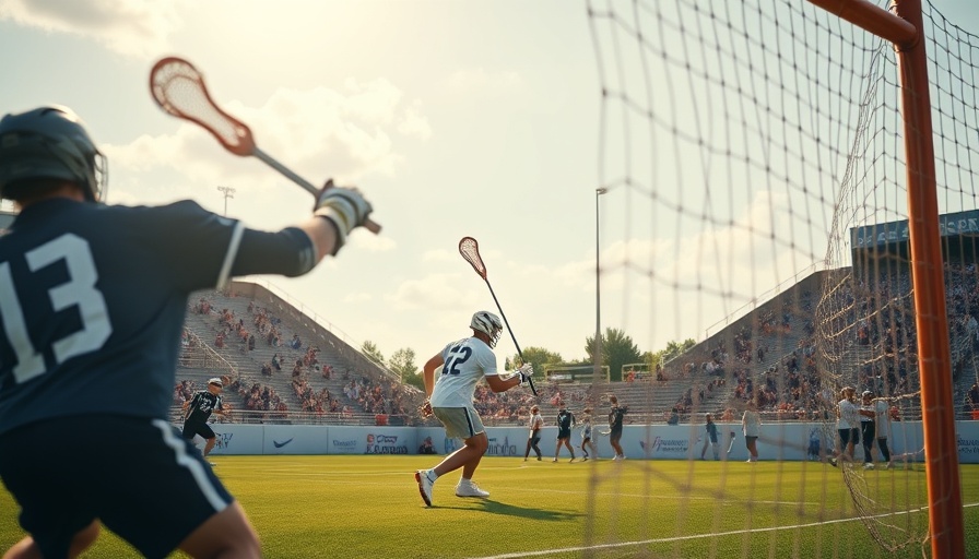 Lacrosse player scores dynamically in an outdoor stadium.