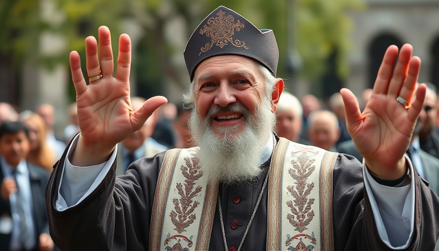 Elderly man in religious attire smiling and waving at a crowd.