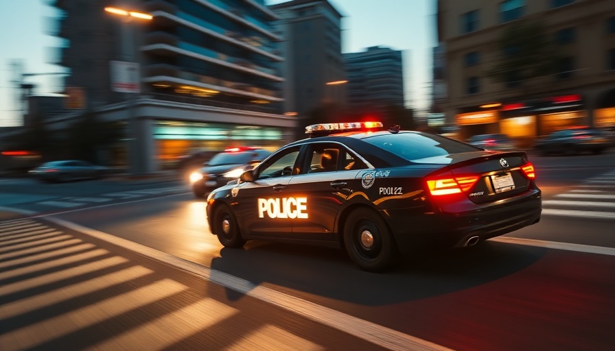Police car in high-speed chase on urban city street at dusk.