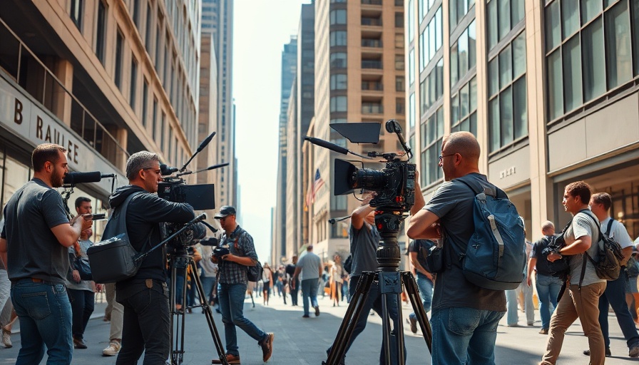 Hollywood film crew working outdoors in California setting.