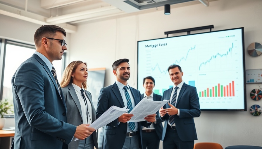 Business team analyzing charts; mortgage rates climb concern.