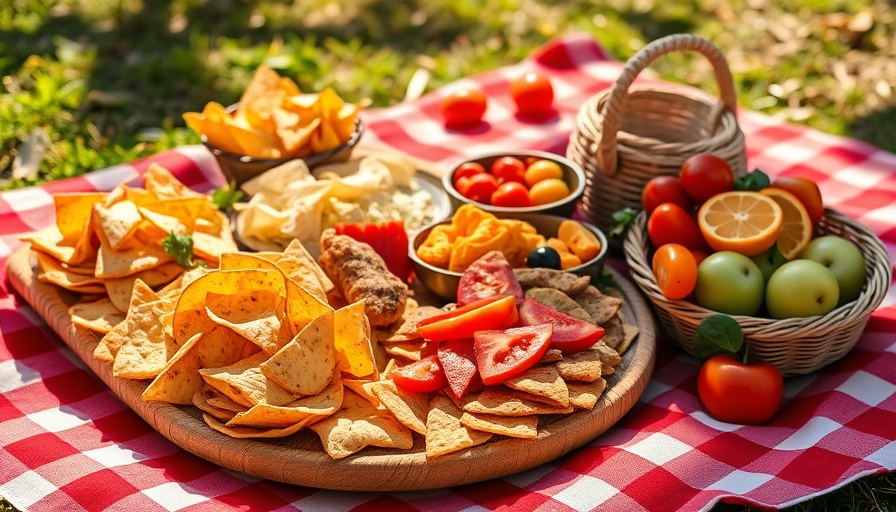 Mediterranean pita chips and fruits on picnic blanket.