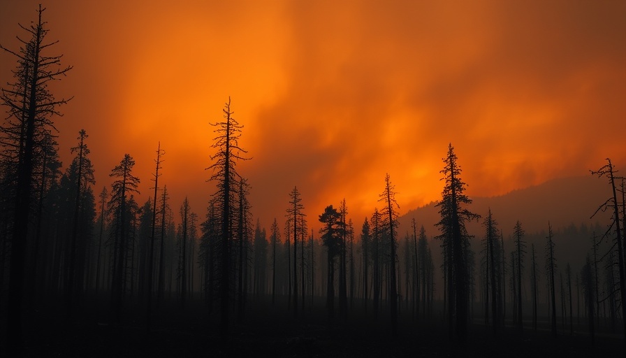 Silhouetted trees against fiery sky, Canadian wildfires scene.