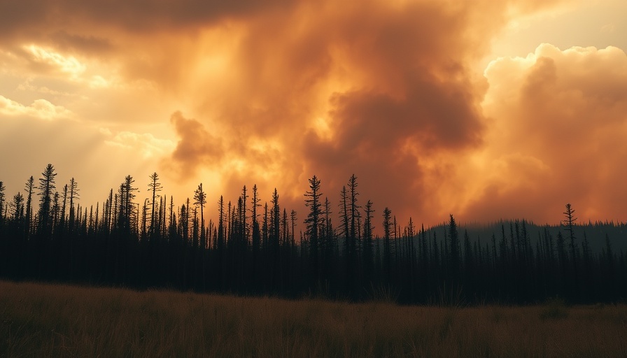 Canadian wildfires aftermath with smoky sky and charred trees.