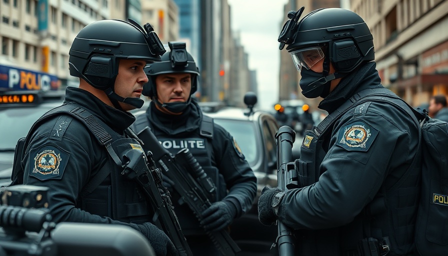 Tactically outfitted officers near command vehicle during operation.