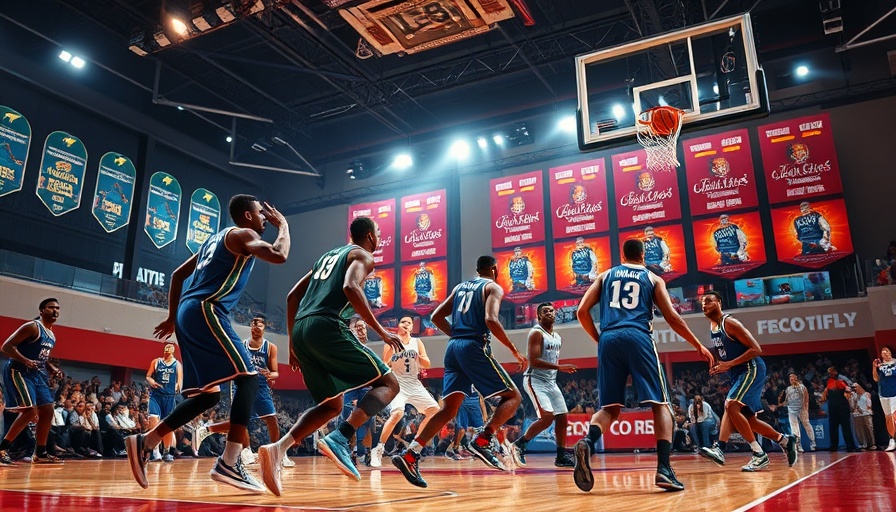 Energetic NBA highlights scene on court with players in action.