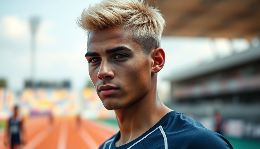 Transgender athlete confidently standing at track event.