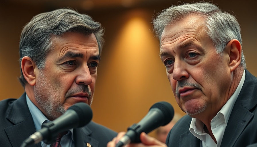 Men discussing Columbia-class submarine delays at a conference.